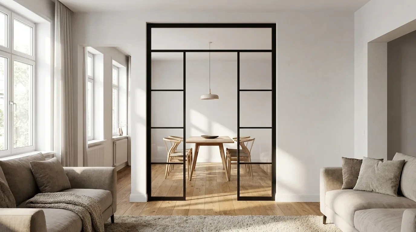 Porte double acier noir vitrée avec imposte séparant salon et salle à manger