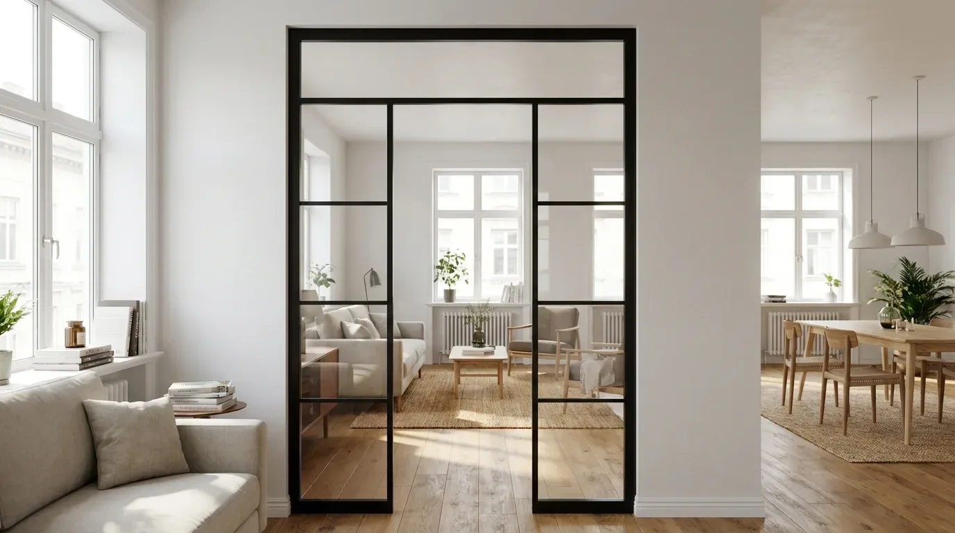 Porte double battant acier noir avec imposte vitrée dans appartement haussmannien lumineux