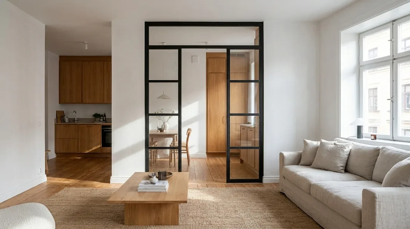 Porte double battant acier noir vitrée entre salon et cuisine avec parquet chêne