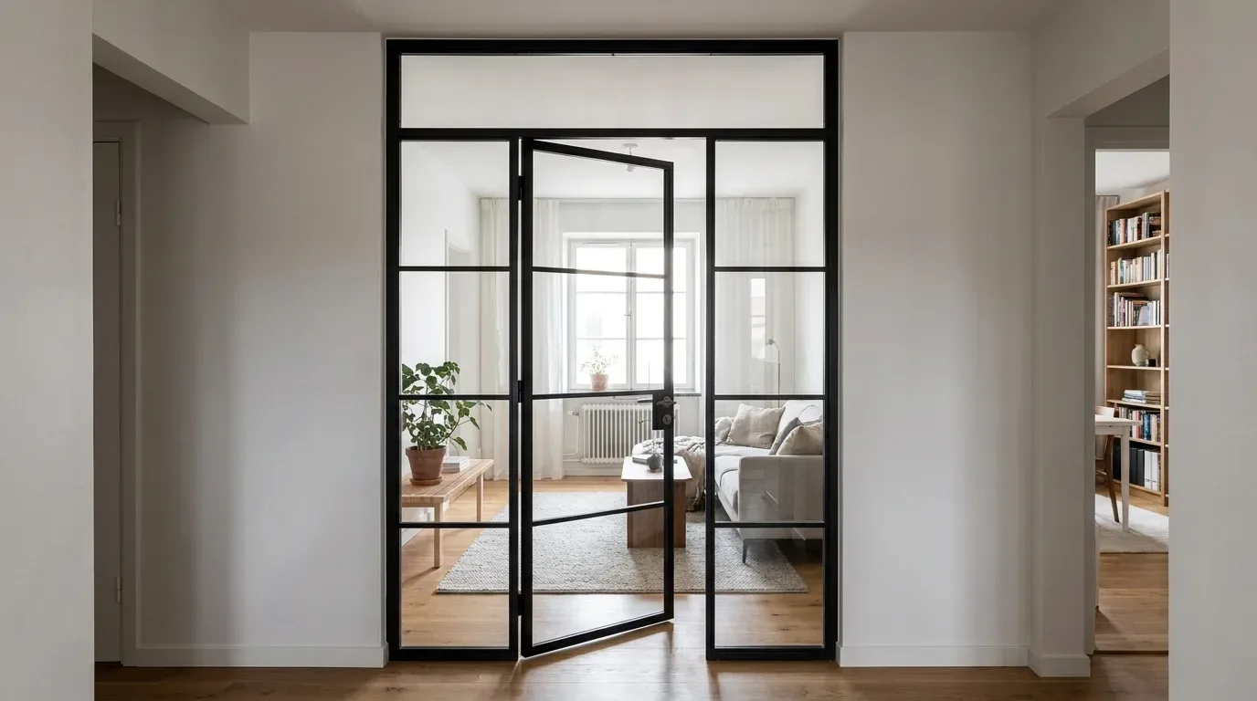 Porte double battant acier noir vitrée ouverte entre couloir et salon scandinave
