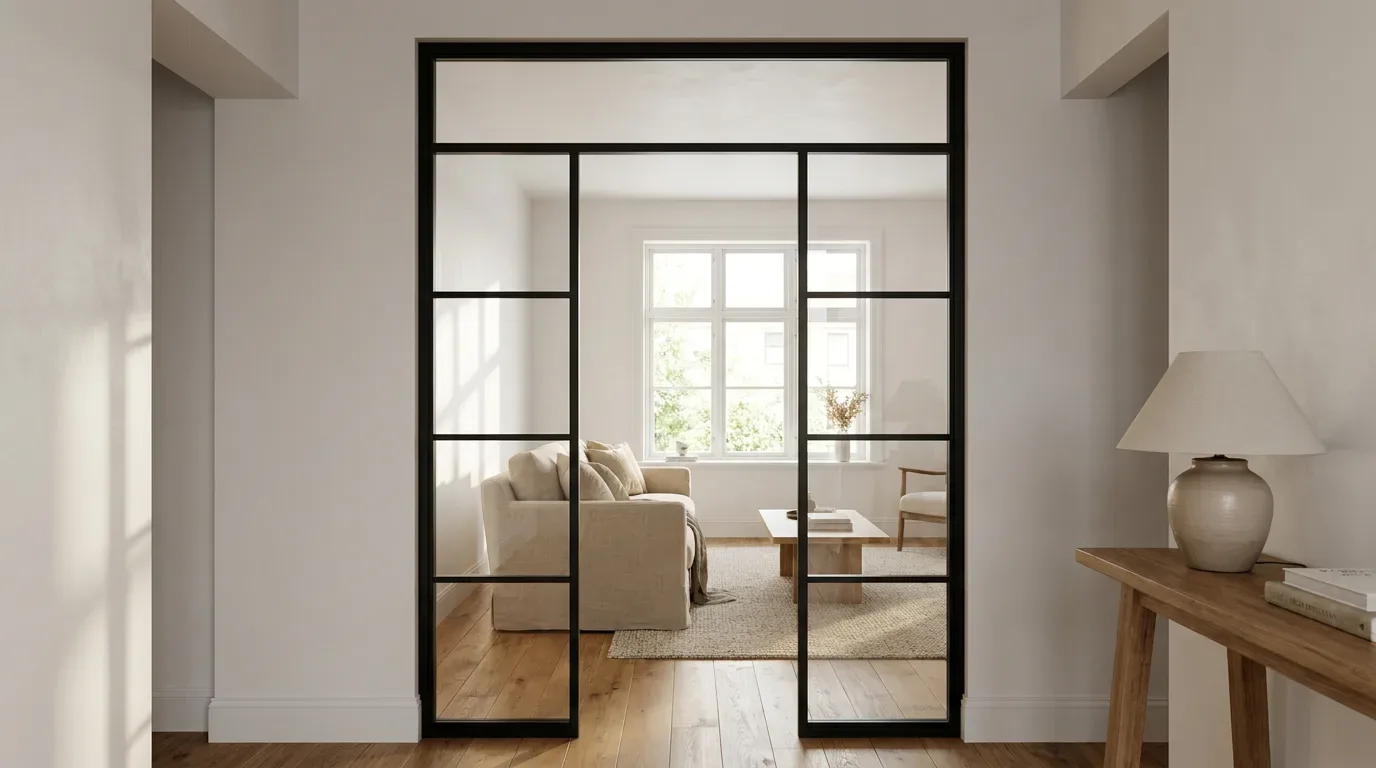 Porte double vantail acier-verre avec imposte séparant couloir et salon lumineux