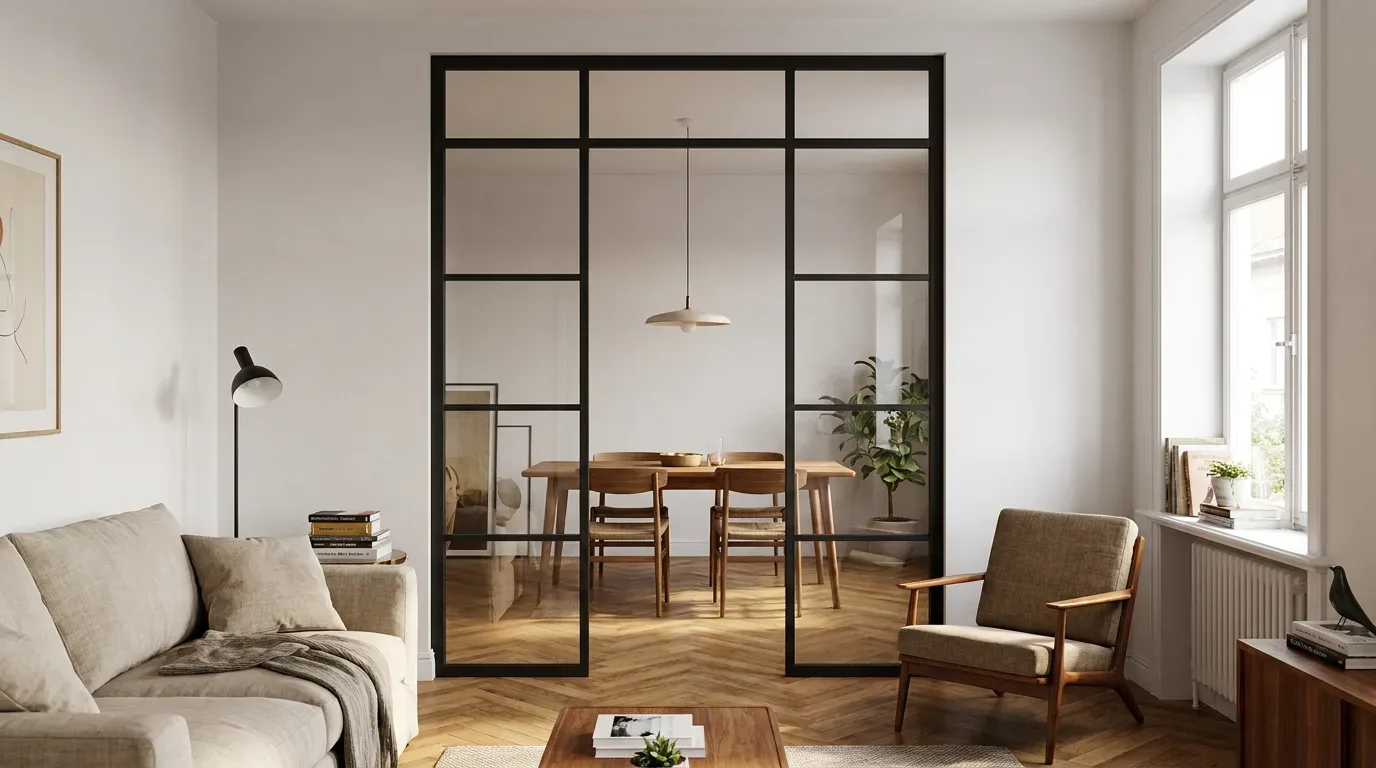 Porte double vitrée cadre acier noir avec charnières visibles entre salon et salle à manger